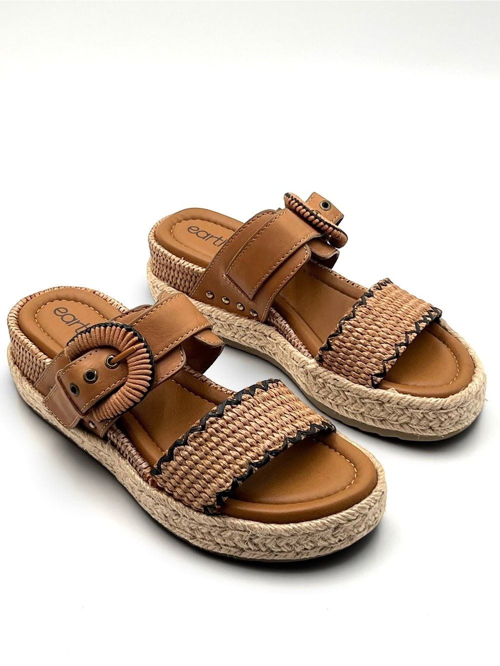 Earth Colla Leather Espadrille Platform Wedge Slide Sandals Tan Brown Size 8 NIB